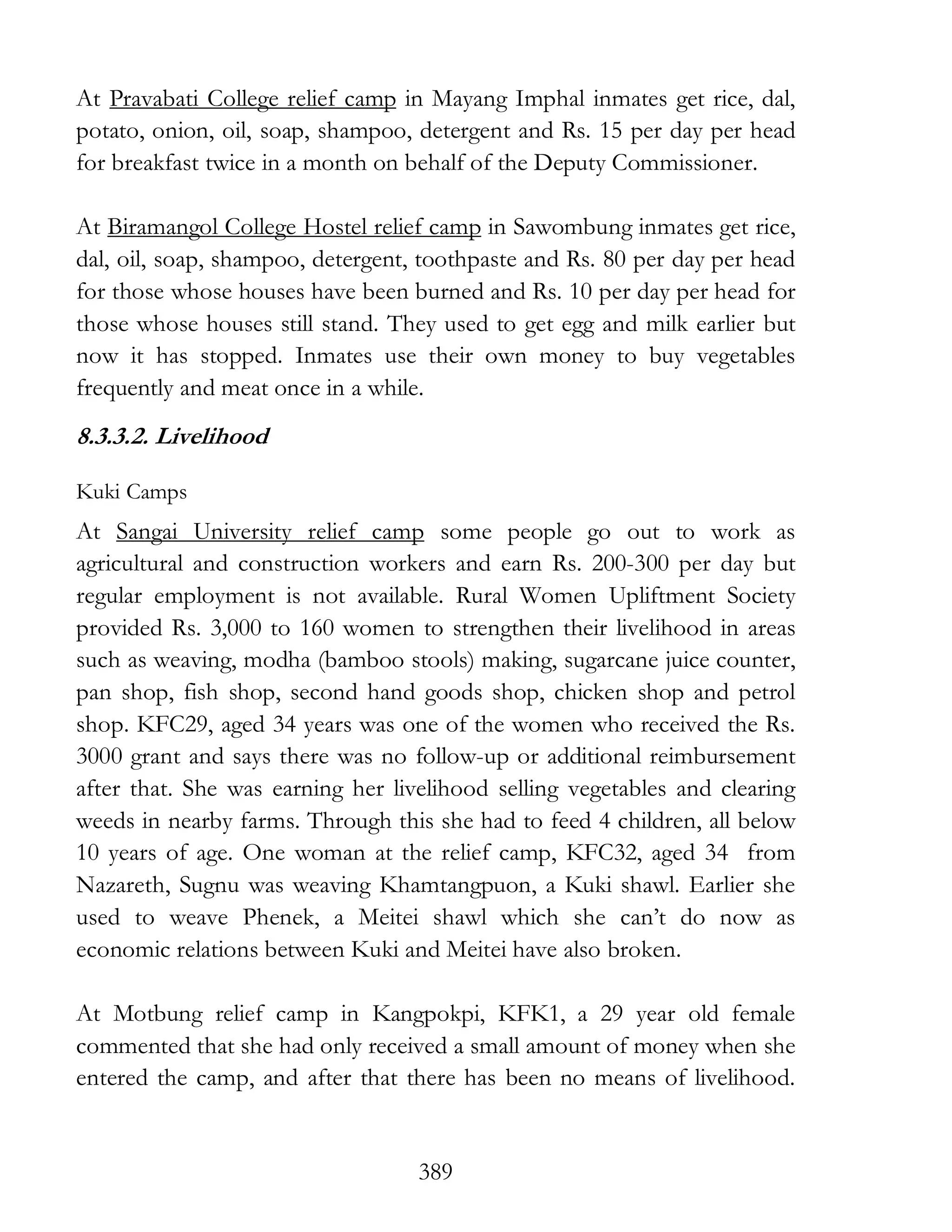 389
At Pravabati College relief camp in Mayang Imphal inmates get rice, dal,
potato, onion, oil, soap, shampoo, detergent and Rs. 15 per day per head
for breakfast twice in a month on behalf of the Deputy Commissioner.
At Biramangol College Hostel relief camp in Sawombung inmates get rice,
dal, oil, soap, shampoo, detergent, toothpaste and Rs. 80 per day per head
for those whose houses have been burned and Rs. 10 per day per head for
those whose houses still stand. They used to get egg and milk earlier but
now it has stopped. Inmates use their own money to buy vegetables
frequently and meat once in a while.
8.3.3.2. Livelihood
Kuki Camps
At Sangai University relief camp some people go out to work as
agricultural and construction workers and earn Rs. 200-300 per day but
regular employment is not available. Rural Women Upliftment Society
provided Rs. 3,000 to 160 women to strengthen their livelihood in areas
such as weaving, modha (bamboo stools) making, sugarcane juice counter,
pan shop, fish shop, second hand goods shop, chicken shop and petrol
shop. KFC29, aged 34 years was one of the women who received the Rs.
3000 grant and says there was no follow-up or additional reimbursement
after that. She was earning her livelihood selling vegetables and clearing
weeds in nearby farms. Through this she had to feed 4 children, all below
10 years of age. One woman at the relief camp, KFC32, aged 34 from
Nazareth, Sugnu was weaving Khamtangpuon, a Kuki shawl. Earlier she
used to weave Phenek, a Meitei shawl which she can’t do now as
economic relations between Kuki and Meitei have also broken.
At Motbung relief camp in Kangpokpi, KFK1, a 29 year old female
commented that she had only received a small amount of money when she
entered the camp, and after that there has been no means of livelihood.
 