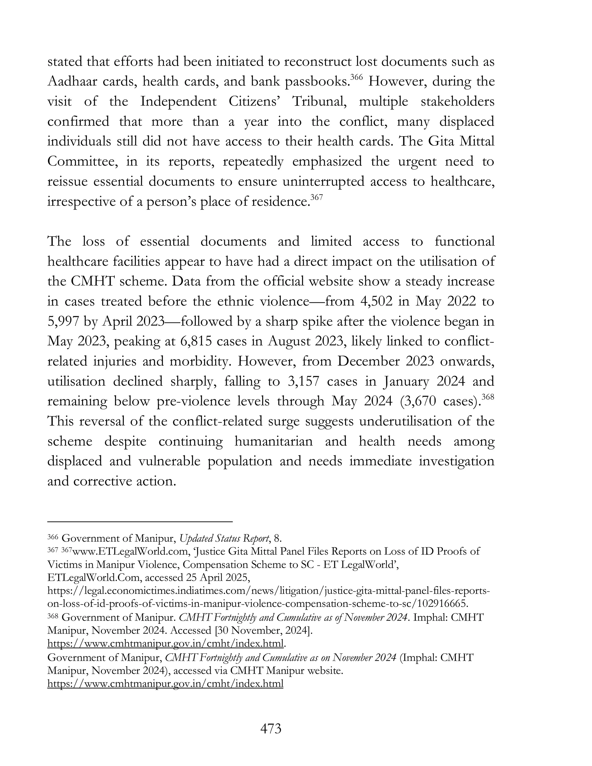 473
stated that efforts had been initiated to reconstruct lost documents such as
Aadhaar cards, health cards, and bank passbooks.366
However, during the
visit of the Independent Citizens’ Tribunal, multiple stakeholders
confirmed that more than a year into the conflict, many displaced
individuals still did not have access to their health cards. The Gita Mittal
Committee, in its reports, repeatedly emphasized the urgent need to
reissue essential documents to ensure uninterrupted access to healthcare,
irrespective of a person’s place of residence.367
The loss of essential documents and limited access to functional
healthcare facilities appear to have had a direct impact on the utilisation of
the CMHT scheme. Data from the official website show a steady increase
in cases treated before the ethnic violence—from 4,502 in May 2022 to
5,997 by April 2023—followed by a sharp spike after the violence began in
May 2023, peaking at 6,815 cases in August 2023, likely linked to conflict-
related injuries and morbidity. However, from December 2023 onwards,
utilisation declined sharply, falling to 3,157 cases in January 2024 and
remaining below pre-violence levels through May 2024 (3,670 cases).368
This reversal of the conflict-related surge suggests underutilisation of the
scheme despite continuing humanitarian and health needs among
displaced and vulnerable population and needs immediate investigation
and corrective action.
366 Government of Manipur, Updated Status Report, 8.
367 367www.ETLegalWorld.com, ‘Justice Gita Mittal Panel Files Reports on Loss of ID Proofs of
Victims in Manipur Violence, Compensation Scheme to SC - ET LegalWorld’,
ETLegalWorld.Com, accessed 25 April 2025,
https://legal.economictimes.indiatimes.com/news/litigation/justice-gita-mittal-panel-files-reports-
on-loss-of-id-proofs-of-victims-in-manipur-violence-compensation-scheme-to-sc/102916665.
368 Government of Manipur. CMHT Fortnightly and Cumulative as of November 2024. Imphal: CMHT
Manipur, November 2024. Accessed [30 November, 2024].
https://www.cmhtmanipur.gov.in/cmht/index.html.
Government of Manipur, CMHT Fortnightly and Cumulative as on November 2024 (Imphal: CMHT
Manipur, November 2024), accessed via CMHT Manipur website.
https://www.cmhtmanipur.gov.in/cmht/index.html
 