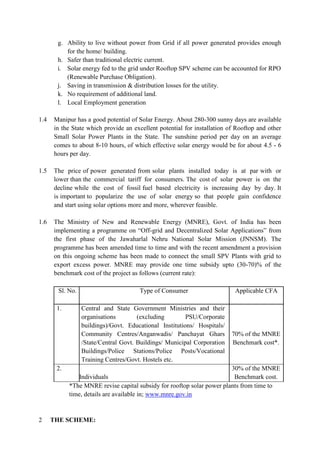 g. Ability to live without power from Grid if all power generated provides enough
for the home/ building.
h. Safer than traditional electric current.
i. Solar energy fed to the grid under Rooftop SPV scheme can be accounted for RPO
(Renewable Purchase Obligation).
j. Saving in transmission & distribution losses for the utility.
k. No requirement of additional land.
l. Local Employment generation
1.4 Manipur has a good potential of Solar Energy. About 280-300 sunny days are available
in the State which provide an excellent potential for installation of Rooftop and other
Small Solar Power Plants in the State. The sunshine period per day on an average
comes to about 8-10 hours, of which effective solar energy would be for about 4.5 - 6
hours per day.
1.5 The price of power generated from solar plants installed today is at par with or
lower than the commercial tariff for consumers. The cost of solar power is on the
decline while the cost of fossil fuel based electricity is increasing day by day. It
is important to popularize the use of solar energy so that people gain confidence
and start using solar options more and more, wherever feasible.
1.6 The Ministry of New and Renewable Energy (MNRE), Govt. of India has been
implementing a programme on “Off-grid and Decentralized Solar Applications” from
the first phase of the Jawaharlal Nehru National Solar Mission (JNNSM). The
programme has been amended time to time and with the recent amendment a provision
on this ongoing scheme has been made to connect the small SPV Plants with grid to
export excess power. MNRE may provide one time subsidy upto (30-70)% of the
benchmark cost of the project as follows (current rate):
Sl. No. Type of Consumer Applicable CFA
1. Central and State Government Ministries and their
organisations (excluding PSU/Corporate
buildings)/Govt. Educational Institutions/ Hospitals/
Community Centres/Anganwadis/ Panchayat Ghars
/State/Central Govt. Buildings/ Municipal Corporation
Buildings/Police Stations/Police Posts/Vocational
Training Centres/Govt. Hostels etc.
70% of the MNRE
Benchmark cost*.
2.
Individuals
30% of the MNRE
Benchmark cost.
*The MNRE revise capital subsidy for rooftop solar power plants from time to
time, details are available in; www.mnre.gov.in
2 THE SCHEME:
 