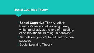 Social Cognitive Theory
Social Cognitive Theory: Albert
Bandura’s version of learning theory,
which emphasizes the role of modeling,
or observational learning, in behavior
Self-efficacy–one’s belief that one can
succeed
Social Learning Theory
 