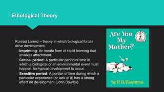 Ethological Theory
Konrad Lorenz – theory in which biological forces
drive development
Imprinting: An innate form of rapid learning that
involves attachment.
Critical period: A particular period of time in
which a biological or an environmental event must
happen, for typical development to occur.
Sensitive period: A portion of time during which a
particular experience (or lack of it) has a strong
effect on development (John Bowlby)
 