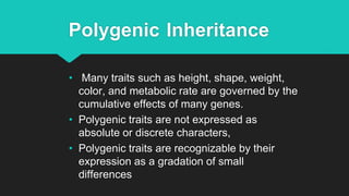 Polygenic Inheritance
• Many traits such as height, shape, weight,
color, and metabolic rate are governed by the
cumulative effects of many genes.
• Polygenic traits are not expressed as
absolute or discrete characters,
• Polygenic traits are recognizable by their
expression as a gradation of small
differences
 