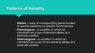 Patterns of Heredity
Alleles —pairs of corresponding genes located
at specific positions on specific chromosomes
Homozygous—a condition in which an
individual has a pair of identical alleles at a
particular position
Heterozygous—a condition in which an
individual has a pair of non-identical alleles at a
particular position
 