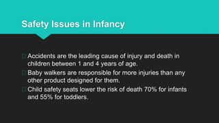 Safety Issues in Infancy
Accidents are the leading cause of injury and death in
children between 1 and 4 years of age.
Baby walkers are responsible for more injuries than any
other product designed for them.
Child safety seats lower the risk of death 70% for infants
and 55% for toddlers.
 