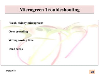 Microgreen Troubleshooting
Weak, skinny microgreens
Over crowding
Wrong sowing time
Dead seeds
20
14/5/2018
 
