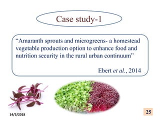 Case study-1
“Amaranth sprouts and microgreens- a homestead
vegetable production option to enhance food and
nutrition security in the rural urban continuum”
Ebert et al., 2014
25
14/5/2018
 