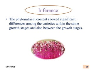 • The phytonutrient content showed significant
differences among the varieties within the same
growth stages and also between the growth stages.
Inference
29
14/5/2018
 