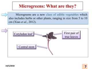 Microgreens: What are they?
Microgreens are a new class of edible vegetables which
also includes herbs or other plants, ranging in size from 5 to 10
cm (Xiao et al., 2012).
Central stem
Cotyledon leaf First pair of
true leaves
7
14/5/2018
 