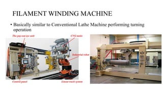 FILAMENT WINDING MACHINE
• Basically similar to Conventional Lathe Machine performing turning
operation
 
