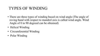 TYPES OF WINDING
• There are three types of winding based on wind angle (The angle of
roving band with respect to mandrel axis is called wind angle. Wind
Angle of 0 to 90 degreed can be obtained)
• Helical Winding
• Circumferential Winding
• Polar Winding
 