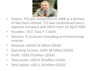 • History: TCS was established in 1968 as a division
of Tata Sons Limited. TCS was corporatized into a
separate company with effect from 1st April 2004
• Founder: J.R.D. Tata, F. C.Kohli
• Services: IT, business consulting and outsourcing
services
• Revenue: US$16.54 billion (2016)
• Operating income: US$4.38 billion (2016)
• Profit: US$3.70 billion (2016)
• Total assets: US$13.76 billion (2016)
• Total equity: US$11.10 billion (2016)
 