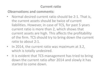 Current ratio
Observations and comments:
• Normal desired current ratio should be 2:1. That is,
the current assets should be twice of current
liabilities. However, in case of TCS, for past 5 years
current ratio is more than 2, which shows that
current assets are high. This affects the profitability
of the firm. TCS should try to bring down the current
ratio to about 2:1.
• In 2014, the current ratio was maximum at 3.2,
which is totally undesired.
• It is evident that TCS management has tried to bring
down the current ratio after 2014 and slowly it has
started to come down.
 