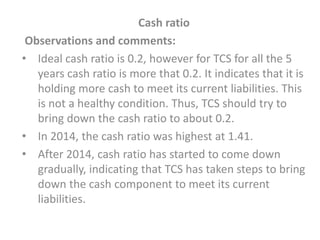 Cash ratio
Observations and comments:
• Ideal cash ratio is 0.2, however for TCS for all the 5
years cash ratio is more that 0.2. It indicates that it is
holding more cash to meet its current liabilities. This
is not a healthy condition. Thus, TCS should try to
bring down the cash ratio to about 0.2.
• In 2014, the cash ratio was highest at 1.41.
• After 2014, cash ratio has started to come down
gradually, indicating that TCS has taken steps to bring
down the cash component to meet its current
liabilities.
 