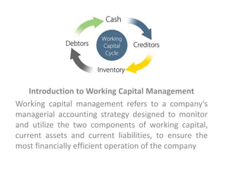 Introduction to Working Capital Management
Working capital management refers to a company's
managerial accounting strategy designed to monitor
and utilize the two components of working capital,
current assets and current liabilities, to ensure the
most financially efficient operation of the company
 