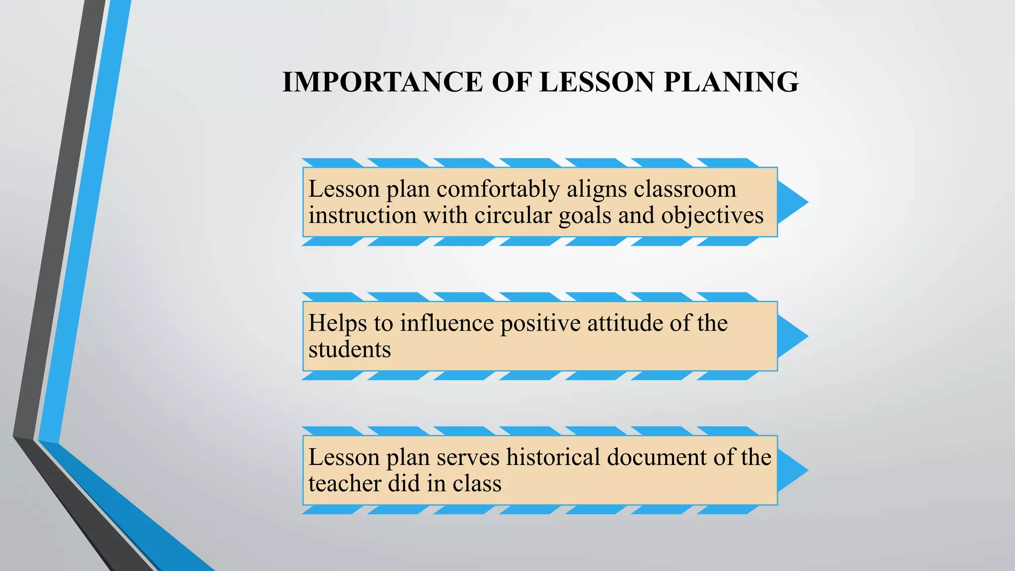 IMPORTANCE OF LESSON PLANING
Lesson plan comfortably aligns classroom
instruction with circular goals and objectives
Helps to influence positive attitude of the
students
Lesson plan serves historical document of the
teacher did in class
 