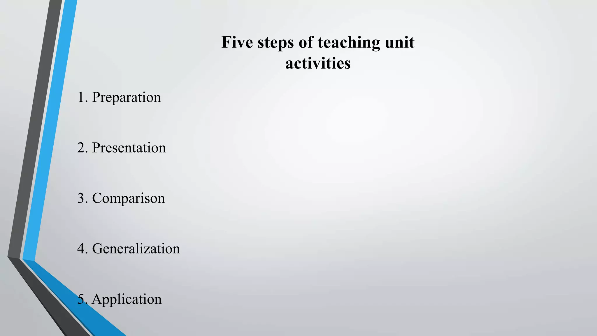 Five steps of teaching unit
activities
1. Preparation
2. Presentation
3. Comparison
4. Generalization
5. Application
 