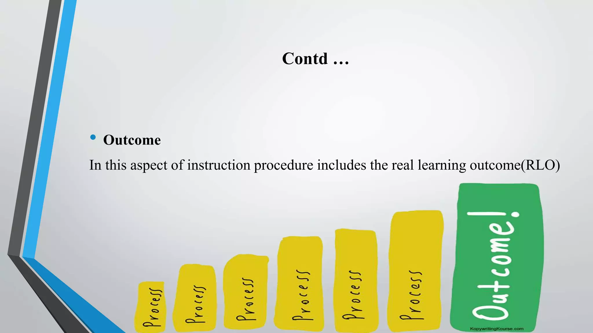 Contd …
• Outcome
In this aspect of instruction procedure includes the real learning outcome(RLO)
 
