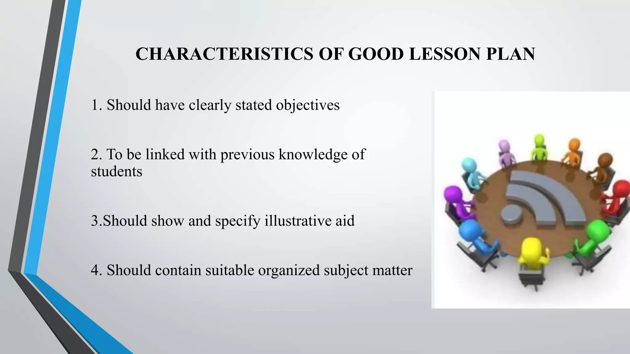 CHARACTERISTICS OF GOOD LESSON PLAN
1. Should have clearly stated objectives
2. To be linked with previous knowledge of
students
3.Should show and specify illustrative aid
4. Should contain suitable organized subject matter
 