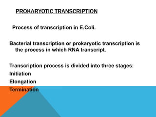 PROKARYOTIC TRANSCRIPTION
Process of transcription in E.Coli.
Bacterial transcription or prokaryotic transcription is
the process in which RNA transcript.
Transcription process is divided into three stages:
Initiation
Elongation
Termination
 