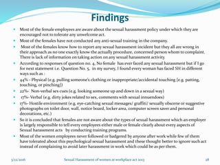 Findings
 Most of the female employees are aware about the sexual harassment policy under which they are
encouraged not to tolerate any unwelcome act.
 Most of the females have not conducted any anti-sexual training in the company.
 Most of the females know how to report any sexual harassment incident but they all are wrong in
their approach as no one exactly know the actually procedure, concerned person whom to complaint.
There is lack of information on taking action on any sexual harassment activity.
 According to responses of question no. 4, No female has ever faced any sexual harassment but if I go
for next statement i.e. Question No. 5, in my survey, I found every woman has faced SH in different
ways such as :
 44% - Physical (e.g. pulling someone’s clothing or inappropriate/accidental touching [e.g. patting,
touching, or pinching])
 22%- Non-verbal sex cues (e.g. looking someone up and down in a sexual way)
 17%- Verbal (e.g. dirty jokes related to sex, comments with sexual innuendoes)
 17%- Hostile environment (e.g. eye-catching sexual messages/ graffiti/ sexually obscene or suggestive
photographs on toilet door, wall, notice board, locker area, computer screen saver and personal
decorations, etc.)
 So it is concluded that females are not aware about the types of sexual harassment which an employer
is largely responsible to tell every employees either male or female clearly about every aspects of
Sexual harassment acts by conducting training programs.
 Most of the women employees never followed or badgered by anyone after work while few of them
have tolerated about this psychological sexual harassment and these thought better to ignore such act
instead of complaining to avoid later harassment in work which could be as per them.
3/12/2016 Sexual Harassment of women at workplace act 2013 28
 