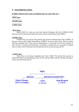 5. TELEPHONE LINES.
In BHEL-Hardwar three types of telephone lines are used. They are: MAX Lines
EPABX Lines
C-DOT Lines
MAX Lines:
Before MAX Ex. Lines are used only Internal Exchange. But New (CORAL) MAX
lines are used for both internal (Intercom) and external communication links BHEL.
EPABX Lines:
EPABX lines are used for both internal and external communication links in BHEL. If
the user wants to dial outside the periphery of BHEL, he can use these lines. There are about
500 lines available here. These lines are distributed in 17 line-cards with 24 line numbers in
each. Its I.D.F. section has 40 tag blocks. 96 numbers available here are connected via digital
lines in which a host of facilities are provided that can be accessed using code 69.

C-DOT Lines:
These lines are the direct telephone lines from C-DOT The facility they provide is
called DID (Direct Inward Dialing). It has 24 lines and any BHEL number starting with digit 5
can be accessed using code 48.

XVI

 
