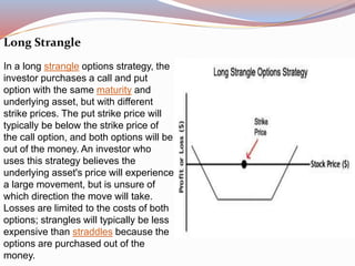 Long Strangle
In a long strangle options strategy, the
investor purchases a call and put
option with the same maturity and
underlying asset, but with different
strike prices. The put strike price will
typically be below the strike price of
the call option, and both options will be
out of the money. An investor who
uses this strategy believes the
underlying asset's price will experience
a large movement, but is unsure of
which direction the move will take.
Losses are limited to the costs of both
options; strangles will typically be less
expensive than straddles because the
options are purchased out of the
money.
 