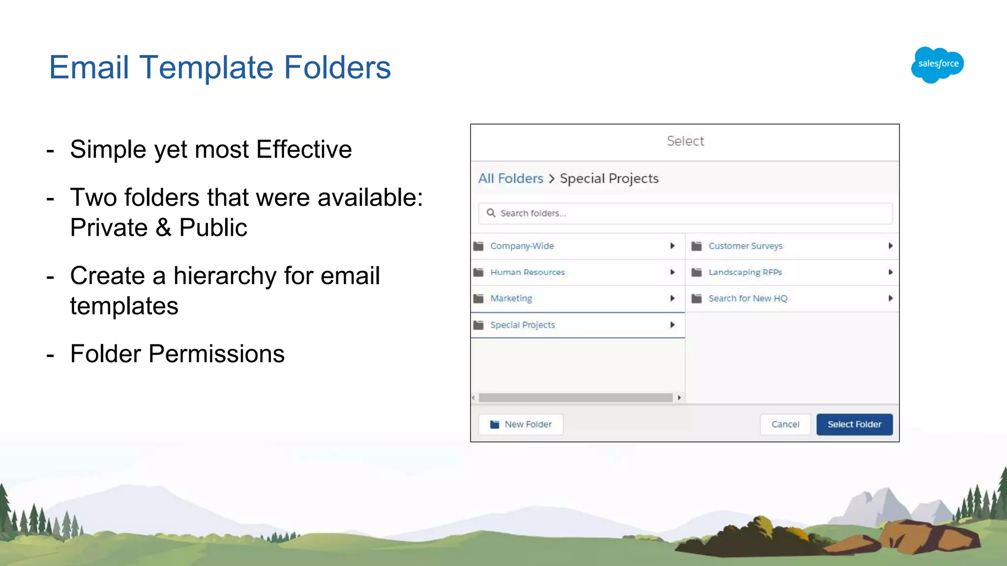 - Simple yet most Effective
- Two folders that were available:
Private & Public
- Create a hierarchy for email
templates
- Folder Permissions
Email Template Folders
 