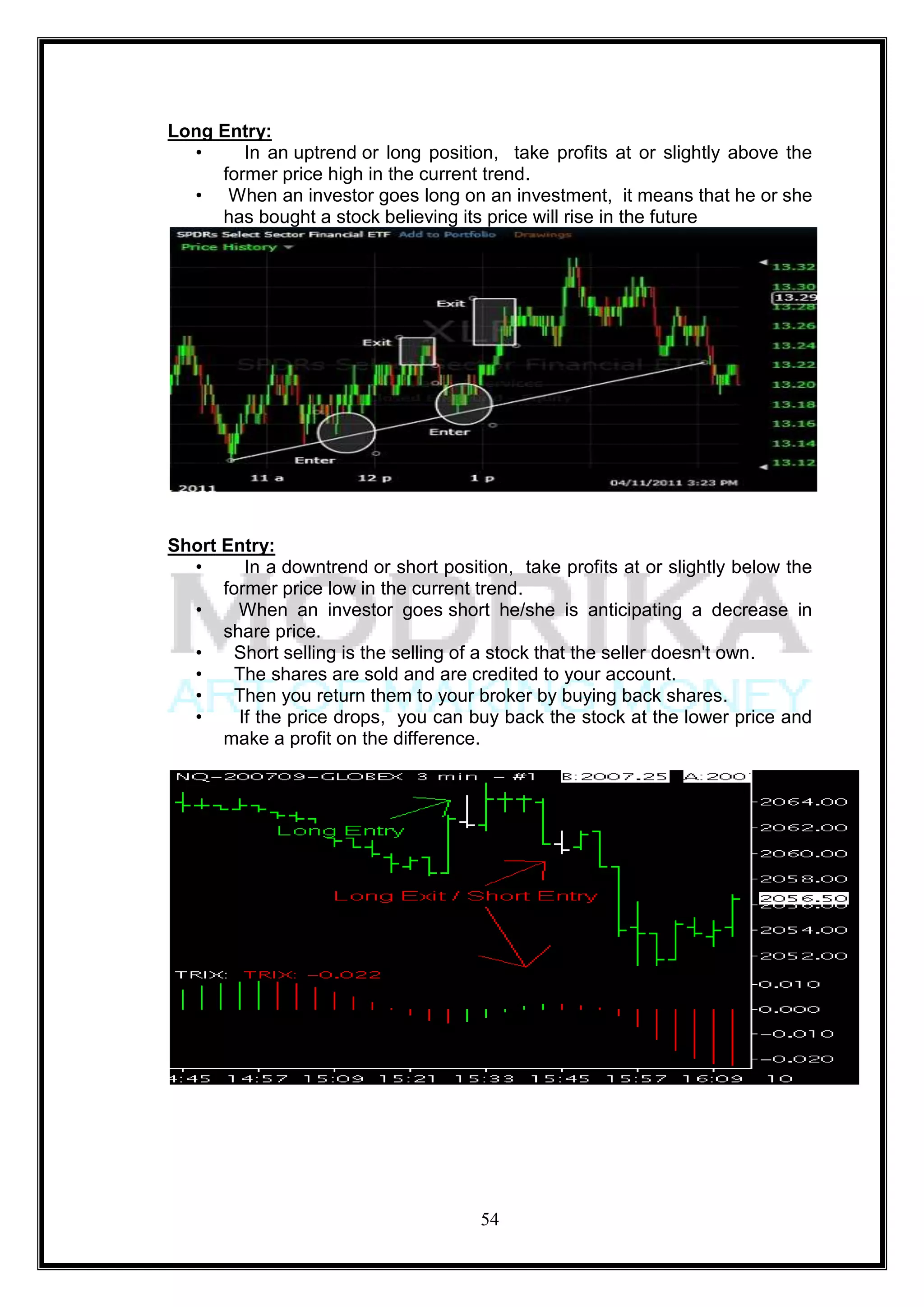 Long Entry:
  •     In an uptrend or long position, take profits at or slightly above the
     former price high in the current trend.
  • When an investor goes long on an investment, it means that he or she
     has bought a stock believing its price will rise in the future




Short Entry:
  •      In a downtrend or short position, take profits at or slightly below the
      former price low in the current trend.
  •     When an investor goes short he/she is anticipating a decrease in
      share price.
  •     Short selling is the selling of a stock that the seller doesn't own.
  •     The shares are sold and are credited to your account.
  •     Then you return them to your broker by buying back shares.
  •     If the price drops, you can buy back the stock at the lower price and
      make a profit on the difference.




                                      54
 