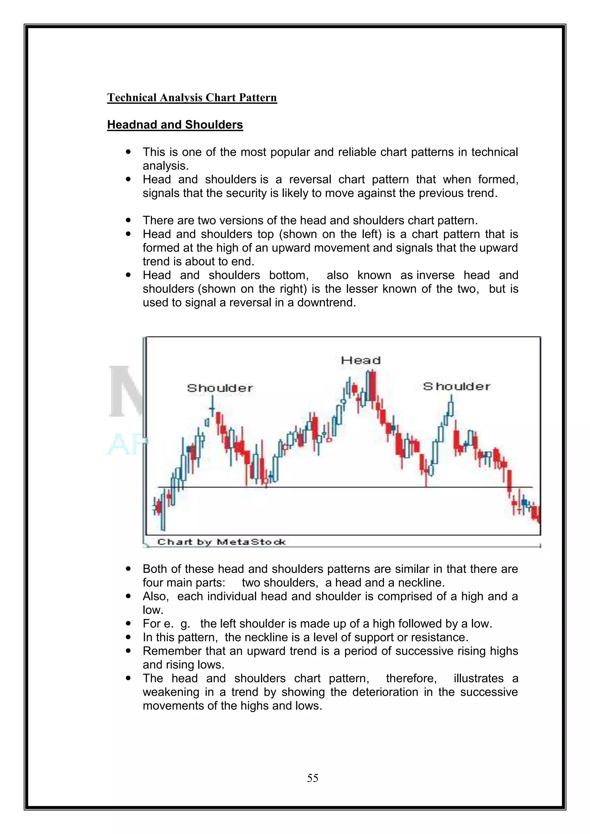 Technical Analysis Chart Pattern

Headnad and Shoulders

    This is one of the most popular and reliable chart patterns in technical
     analysis.
    Head and shoulders is a reversal chart pattern that when formed,
     signals that the security is likely to move against the previous trend.

    There are two versions of the head and shoulders chart pattern.
    Head and shoulders top (shown on the left) is a chart pattern that is
     formed at the high of an upward movement and signals that the upward
     trend is about to end.
    Head and shoulders bottom, also known as inverse head and
     shoulders (shown on the right) is the lesser known of the two, but is
     used to signal a reversal in a downtrend.




    Both of these head and shoulders patterns are similar in that there are
     four main parts: two shoulders, a head and a neckline.
    Also, each individual head and shoulder is comprised of a high and a
     low.
    For e. g. the left shoulder is made up of a high followed by a low.
    In this pattern, the neckline is a level of support or resistance.
    Remember that an upward trend is a period of successive rising highs
     and rising lows.
    The head and shoulders chart pattern, therefore, illustrates a
     weakening in a trend by showing the deterioration in the successive
     movements of the highs and lows.




                                     55
 