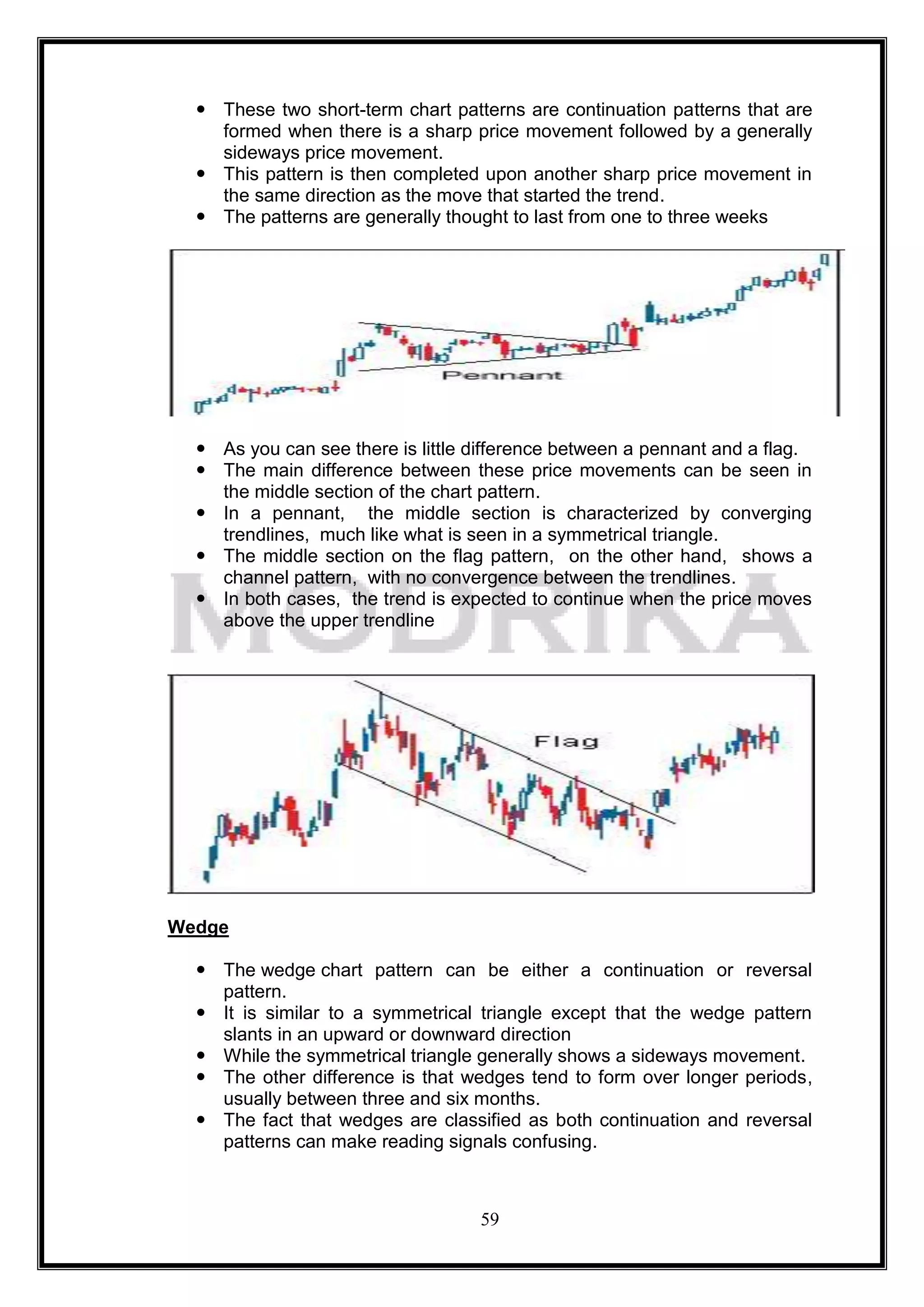  These two short-term chart patterns are continuation patterns that are
    formed when there is a sharp price movement followed by a generally
    sideways price movement.
   This pattern is then completed upon another sharp price movement in
    the same direction as the move that started the trend.
   The patterns are generally thought to last from one to three weeks




   As you can see there is little difference between a pennant and a flag.
   The main difference between these price movements can be seen in
    the middle section of the chart pattern.
   In a pennant, the middle section is characterized by converging
    trendlines, much like what is seen in a symmetrical triangle.
   The middle section on the flag pattern, on the other hand, shows a
    channel pattern, with no convergence between the trendlines.
   In both cases, the trend is expected to continue when the price moves
    above the upper trendline




Wedge

   The wedge chart pattern can be either a continuation or reversal
    pattern.
   It is similar to a symmetrical triangle except that the wedge pattern
    slants in an upward or downward direction
   While the symmetrical triangle generally shows a sideways movement.
   The other difference is that wedges tend to form over longer periods,
    usually between three and six months.
   The fact that wedges are classified as both continuation and reversal
    patterns can make reading signals confusing.



                                   59
 