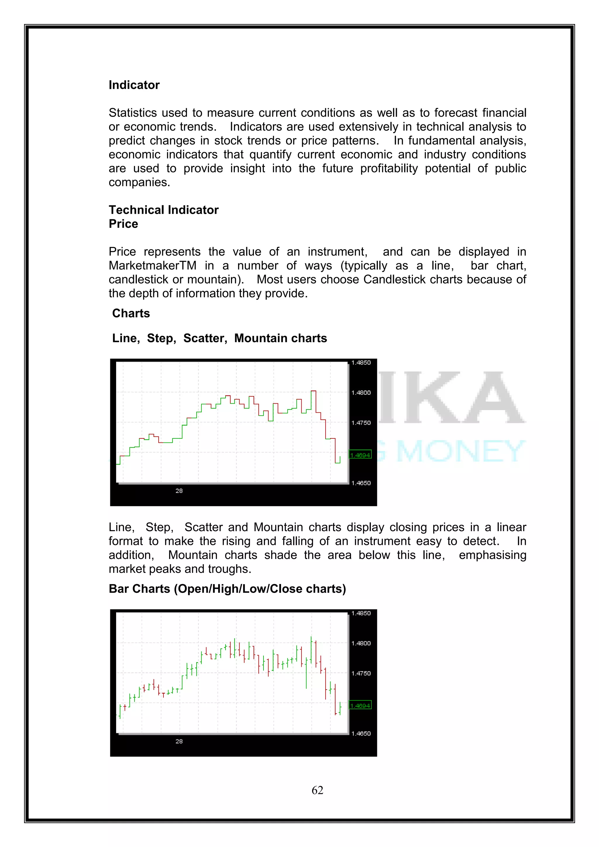 Indicator

Statistics used to measure current conditions as well as to forecast financial
or economic trends. Indicators are used extensively in technical analysis to
predict changes in stock trends or price patterns. In fundamental analysis,
economic indicators that quantify current economic and industry conditions
are used to provide insight into the future profitability potential of public
companies.

Technical Indicator
Price

Price represents the value of an instrument, and can be displayed in
MarketmakerTM in a number of ways (typically as a line, bar chart,
candlestick or mountain). Most users choose Candlestick charts because of
the depth of information they provide.
Charts

Line, Step, Scatter, Mountain charts




Line, Step, Scatter and Mountain charts display closing prices in a linear
format to make the rising and falling of an instrument easy to detect. In
addition, Mountain charts shade the area below this line, emphasising
market peaks and troughs.
Bar Charts (Open/High/Low/Close charts)




                                     62
 