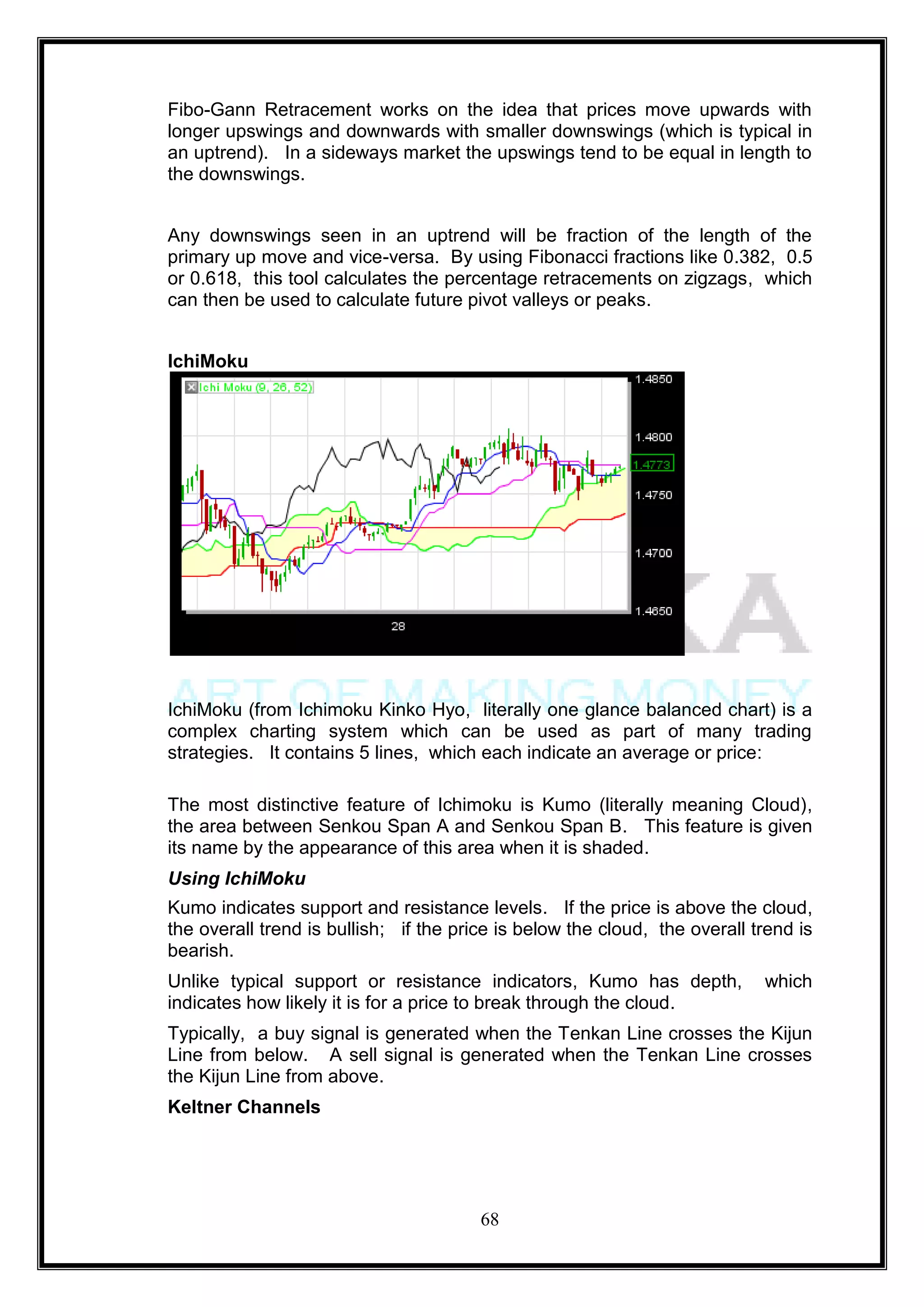 Fibo-Gann Retracement works on the idea that prices move upwards with
longer upswings and downwards with smaller downswings (which is typical in
an uptrend). In a sideways market the upswings tend to be equal in length to
the downswings.


Any downswings seen in an uptrend will be fraction of the length of the
primary up move and vice-versa. By using Fibonacci fractions like 0.382, 0.5
or 0.618, this tool calculates the percentage retracements on zigzags, which
can then be used to calculate future pivot valleys or peaks.


IchiMoku




IchiMoku (from Ichimoku Kinko Hyo, literally one glance balanced chart) is a
complex charting system which can be used as part of many trading
strategies. It contains 5 lines, which each indicate an average or price:

The most distinctive feature of Ichimoku is Kumo (literally meaning Cloud),
the area between Senkou Span A and Senkou Span B. This feature is given
its name by the appearance of this area when it is shaded.
Using IchiMoku
Kumo indicates support and resistance levels. If the price is above the cloud,
the overall trend is bullish; if the price is below the cloud, the overall trend is
bearish.
Unlike typical support or resistance indicators, Kumo has depth,            which
indicates how likely it is for a price to break through the cloud.
Typically, a buy signal is generated when the Tenkan Line crosses the Kijun
Line from below. A sell signal is generated when the Tenkan Line crosses
the Kijun Line from above.
Keltner Channels




                                        68
 