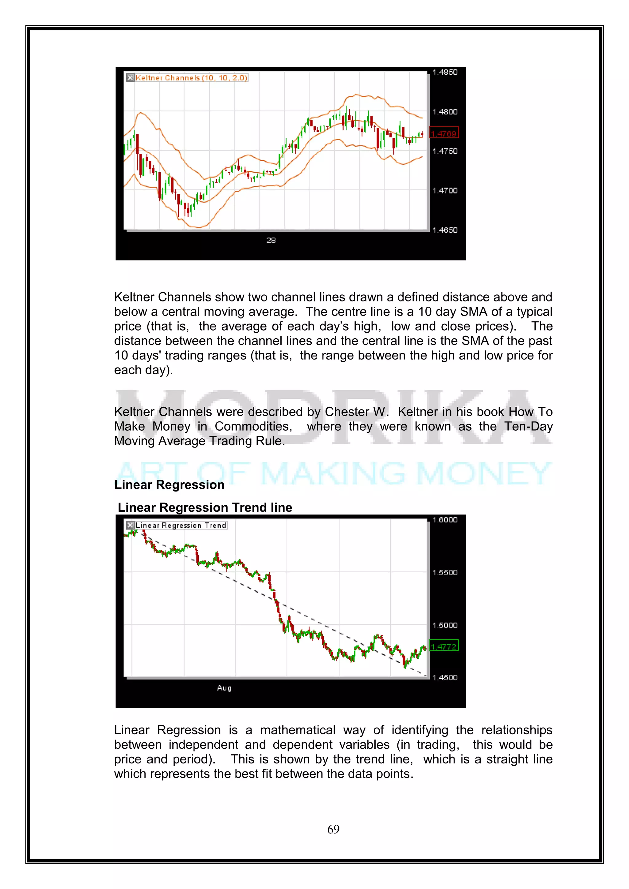 Keltner Channels show two channel lines drawn a defined distance above and
below a central moving average. The centre line is a 10 day SMA of a typical
price (that is, the average of each day‘s high, low and close prices). The
distance between the channel lines and the central line is the SMA of the past
10 days' trading ranges (that is, the range between the high and low price for
each day).


Keltner Channels were described by Chester W. Keltner in his book How To
Make Money in Commodities, where they were known as the Ten-Day
Moving Average Trading Rule.


Linear Regression
Linear Regression Trend line




Linear Regression is a mathematical way of identifying the relationships
between independent and dependent variables (in trading, this would be
price and period). This is shown by the trend line, which is a straight line
which represents the best fit between the data points.



                                     69
 