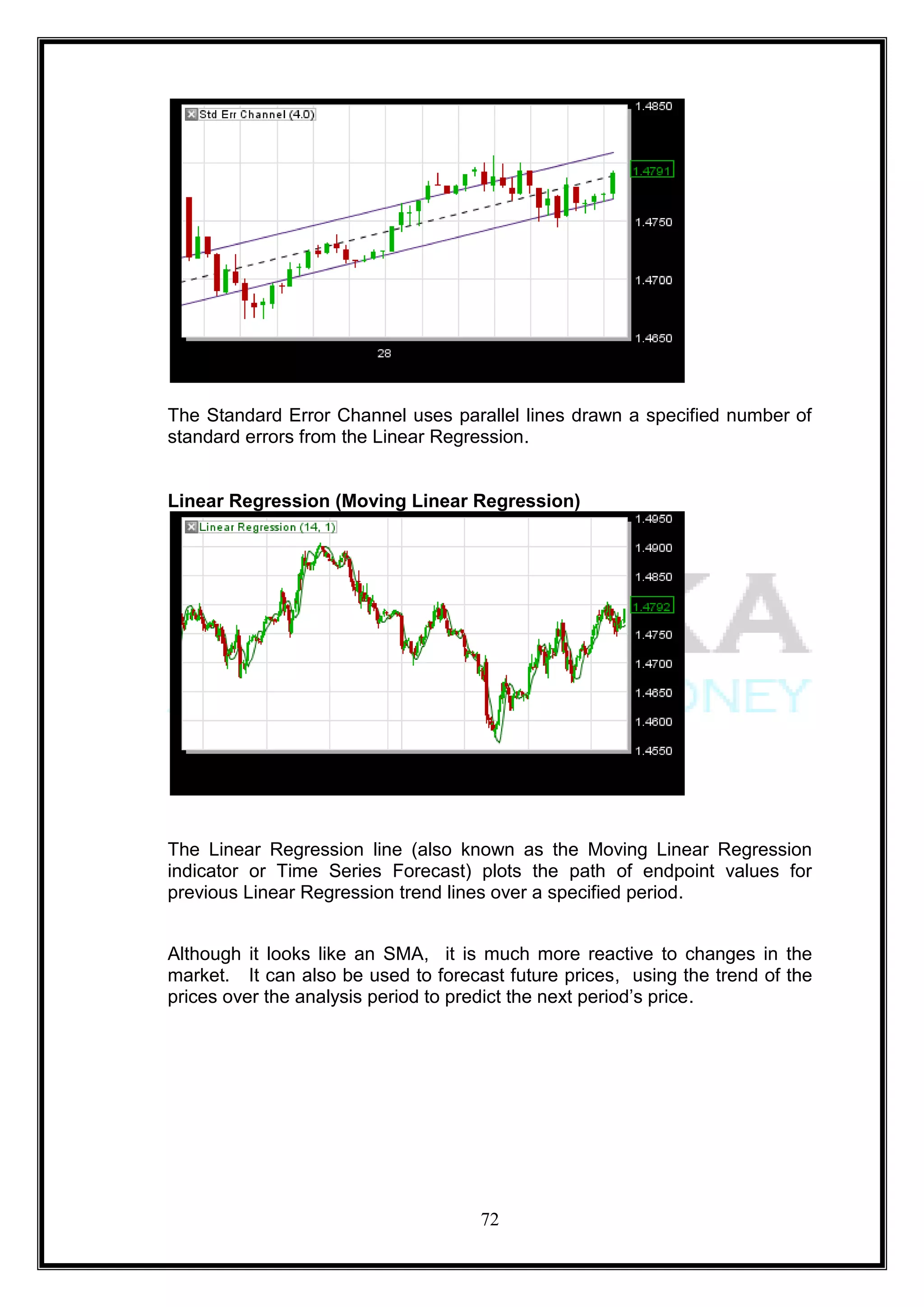 The Standard Error Channel uses parallel lines drawn a specified number of
standard errors from the Linear Regression.


Linear Regression (Moving Linear Regression)




The Linear Regression line (also known as the Moving Linear Regression
indicator or Time Series Forecast) plots the path of endpoint values for
previous Linear Regression trend lines over a specified period.


Although it looks like an SMA, it is much more reactive to changes in the
market. It can also be used to forecast future prices, using the trend of the
prices over the analysis period to predict the next period‘s price.




                                     72
 