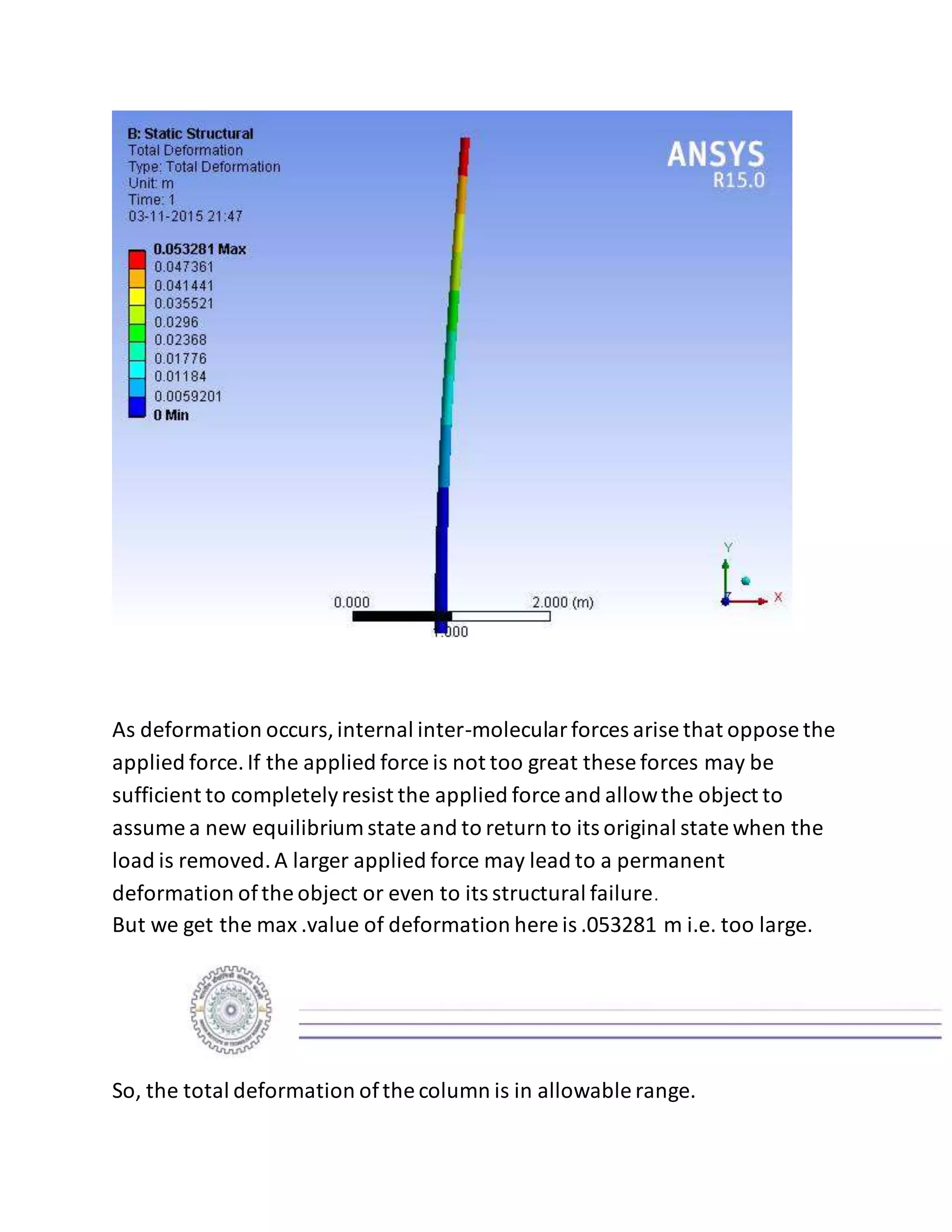 As deformation occurs,internal inter-molecularforces arise that oppose the
applied force.If the applied force is not too great these forces may be
sufficient to completelyresist the applied force and allowthe object to
assume a new equilibrium state and to return to its original state when the
load is removed.A larger applied force may lead to a permanent
deformation ofthe object or even to its structural failure.
But we get the max .value of deformation here is .053281 m i.e. too large.
So, the total deformation ofthe column is in allowable range.
 