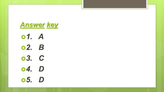 Answer key
1. A
2. B
3. C
4. D
5. D
 