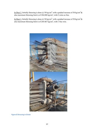 37
In Duct 2, Initially Stressing is done @ 50 kg/cm2,
with a gradual increase of 50 kg/cm2
&
also maximum Stressing limit is of 284.800 kg/cm2
, with 2 wires as free.
In Duct 1, Initially Stressing is done @ 50 kg/cm2,
with a gradual increase of 50 kg/cm2
&
also maximum Stressing limit is of 264.467 kg/cm2
, with 1 free wire.
Figure 8 Stressing in Girder
 