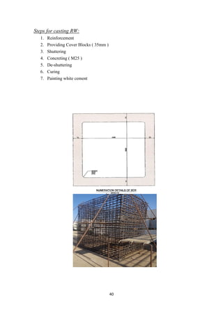 40
Steps for casting RW:
1. Reinforcement
2. Providing Cover Blocks ( 35mm )
3. Shuttering
4. Concreting ( M25 )
5. De-shuttering
6. Curing
7. Painting white cement
 