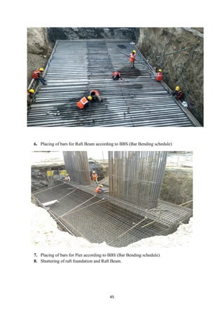 45
6. Placing of bars for Raft Beam according to BBS (Bar Bending schedule)
7. Placing of bars for Pier according to BBS (Bar Bending schedule)
8. Shuttering of raft foundation and Raft Beam.
 