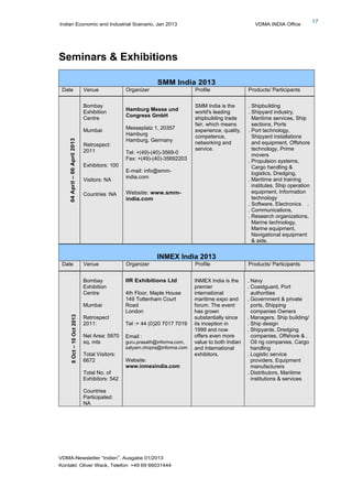 Indian Economic and Industrial Scenario, Jan 2013 VDMA INDIA Office
VDMA-Newsletter “Indien”, Ausgabe 01/2013
Kontakt: Oliver Wack, Telefon: +49 69 66031444
17
Seminars & Exhibitions
SMM India 2013
Date Venue Organizer Profile Products/ Participants
04April–06April2013
Bombay
Exhibition
Centre
Mumbai
Retrospect:
2011
Exhibitors: 100
Visitors: NA
Countries :NA
Hamburg Messe und
Congress GmbH
Messeplatz 1, 20357
Hamburg
Hamburg, Germany
Tel: +(49)-(40)-3569-0
Fax: +(49)-(40)-35692203
E-mail: info@smm-
india.com
Website: www.smm-
india.com
SMM India is the
world's leading
shipbuilding trade
fair, which means
experience, quality,
competence,
networking and
service.
. Shipbuilding
. Shipyard industry,
Maritime services, Ship
sections, Ports
. Port technology,
Shipyard installations
and equipment, Offshore
technology, Prime
movers
. Propulsion systems,
Cargo handling &
logistics, Dredging,
. Maritime and training
institutes, Ship operation
equipment, Information
technology
. Software, Electronics .
. Communications,
. Research organizations,
Marine technology,
Marine equipment,
Navigational equipment
& aids.
INMEX India 2013
Date Venue Organizer Profile Products/ Participants
8Oct–10Oct2013
Bombay
Exhibition
Centre
Mumbai
Retrospect
2011:
Net Area: 5970
sq. mts
Total Visitors:
6672
Total No. of
Exhibitors: 542
Countries
Participated:
NA
IIR Exhibitions Ltd
4th Floor, Maple House
149 Tottenham Court
Road
London
Tel :+ 44 (0)20 7017 7019
Email :
guru.prasath@informa.com,
satyam.chopra@informa.com
Website:
www.inmexindia.com
INMEX India is the
premier
international
maritime expo and
forum. The event
has grown
substantially since
its inception in
1999 and now
offers even more
value to both Indian
and International
exhibitors.
. Navy
. Coastguard, Port
authorities
. Government & private
ports, Shipping
companies Owners
. Managers, Ship building/
. Ship design
. Shipyards, Dredging
companies, Offshore & .
Oil rig companies, Cargo
handling
. Logistic service
providers, Equipment
manufacturers
. Distributors, Maritime
institutions & services
 