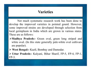 Varieties
Not much systematic research work has been done to
develop the improved varieties in pointed gourd. However,
some improved strains are developed through selection from
local germplasm in India which are grown in various states.
These are as follows:
Madhya Pradesh:- Green oval, green long striped and
white oval. (In this state generally pale-white oval cultivars
are popular).
 West Bengal:- Kazil, Bombay and Damodar.
 Uttar Pradesh:- Kalyani, Bihar Sharif, FP-5, FP-4, FP-1,
FP-3.
Not much systematic research work has been done to
develop the improved varieties in pointed gourd. However,
some improved strains are developed through selection from
local germplasm in India which are grown in various states.
These are as follows:
Madhya Pradesh:- Green oval, green long striped and
white oval. (In this state generally pale-white oval cultivars
are popular).
 West Bengal:- Kazil, Bombay and Damodar.
 Uttar Pradesh:- Kalyani, Bihar Sharif, FP-5, FP-4, FP-1,
FP-3.
 