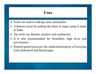 Uses
 Fruits are used in making curry and pickles.
 A famous sweet by putting the fruits in sugar syrup is made
in India.
 The fruits are diuretic, laxative and cardiatonic.
 It is also recommended for bronchitis, high fever and
nervousness.
 Pointed gourd possesses the medicinal property of lowering
total cholesterol and blood sugar.
 Fruits are used in making curry and pickles.
 A famous sweet by putting the fruits in sugar syrup is made
in India.
 The fruits are diuretic, laxative and cardiatonic.
 It is also recommended for bronchitis, high fever and
nervousness.
 Pointed gourd possesses the medicinal property of lowering
total cholesterol and blood sugar.
 