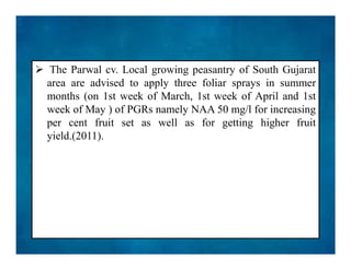  The Parwal cv. Local growing peasantry of South Gujarat
area are advised to apply three foliar sprays in summer
months (on 1st week of March, 1st week of April and 1st
week of May ) of PGRs namely NAA 50 mg/l for increasing
per cent fruit set as well as for getting higher fruit
yield.(2011).
 The Parwal cv. Local growing peasantry of South Gujarat
area are advised to apply three foliar sprays in summer
months (on 1st week of March, 1st week of April and 1st
week of May ) of PGRs namely NAA 50 mg/l for increasing
per cent fruit set as well as for getting higher fruit
yield.(2011).
 