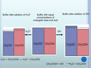 Buffer with equal
concentrations of
conjugate base and acid
OH-H3O+
Buffer after addition of H3O+
H2O + CH3COOH H3O+ +CH3COO-
Buffer after addition of OH-
CH3COOH + OH - H2O + CH3COO-
 
