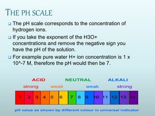THE PH SCALE
 The pH scale corresponds to the concentration of
hydrogen ions.
 If you take the exponent of the H3O+
concentrations and remove the negative sign you
have the pH of the solution.
 For example pure water H+ ion concentration is 1 x
10^-7 M, therefore the pH would then be 7.
 