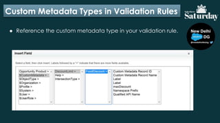 Custom Metadata Types in Validation Rules
● Reference the custom metadata type in your validation rule.
 