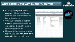 Categorize Data with Bucket Columns
Categorize Data with Bucket Columns
● Quickly categorize report
records without creating a
formula or a custom field by
bucketing them.
● When you create a bucket
column, you define multiple
categories (buckets) used to
group report values.
● Like any other column in your
report, you can sort, filter, and
group by bucket columns.
 