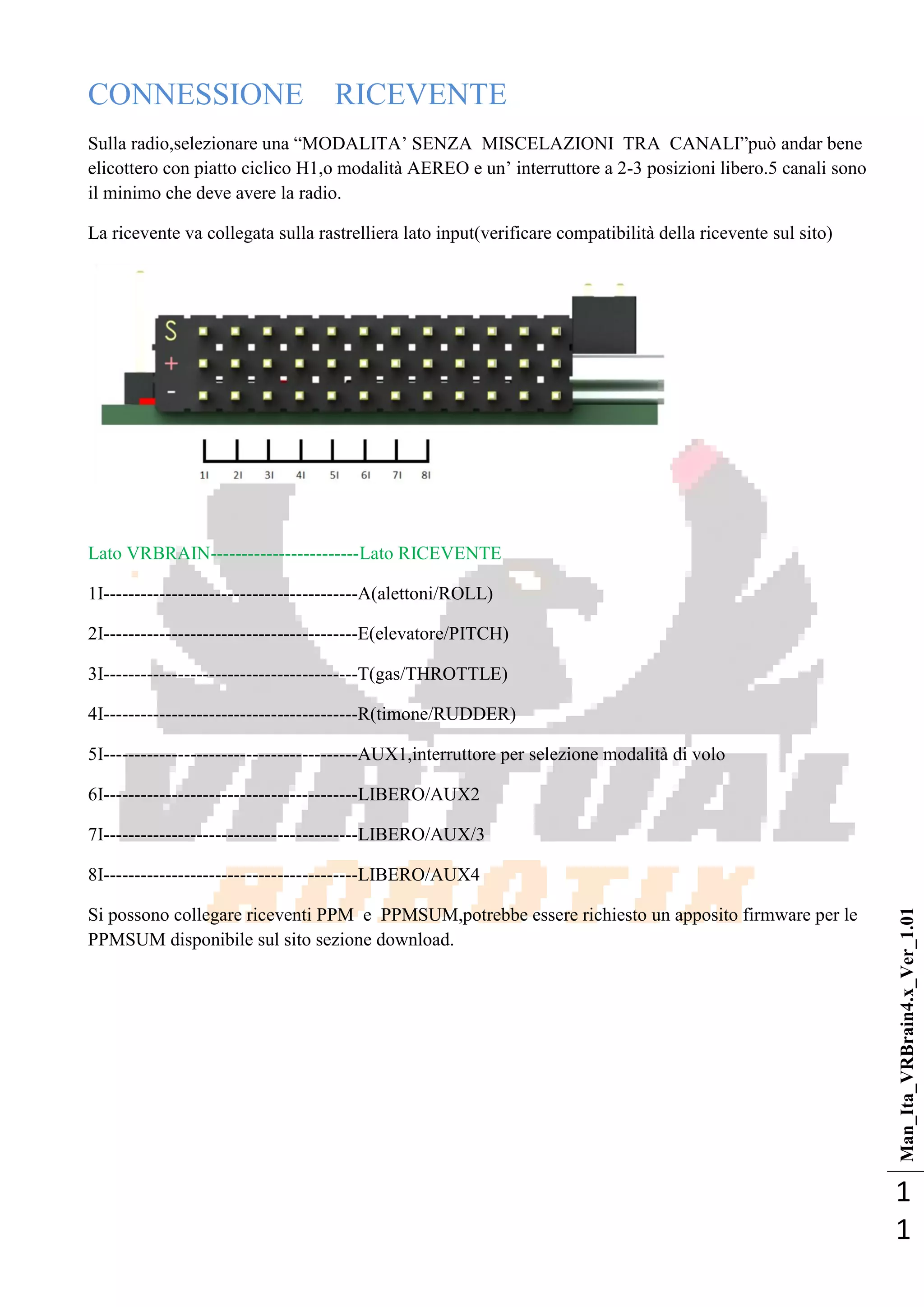 Man_Ita_VRBrain4.x_Ver_1.01
1
1
CONNESSIONE RICEVENTE
Sulla radio,selezionare una ―MODALITA‘ SENZA MISCELAZIONI TRA CANALI‖può andar bene
elicottero con piatto ciclico H1,o modalità AEREO e un‘ interruttore a 2-3 posizioni libero.5 canali sono
il minimo che deve avere la radio.
La ricevente va collegata sulla rastrelliera lato input(verificare compatibilità della ricevente sul sito)
Lato VRBRAIN------------------------Lato RICEVENTE
1I-----------------------------------------A(alettoni/ROLL)
2I-----------------------------------------E(elevatore/PITCH)
3I-----------------------------------------T(gas/THROTTLE)
4I-----------------------------------------R(timone/RUDDER)
5I-----------------------------------------AUX1,interruttore per selezione modalità di volo
6I-----------------------------------------LIBERO/AUX2
7I-----------------------------------------LIBERO/AUX/3
8I-----------------------------------------LIBERO/AUX4
Si possono collegare riceventi PPM e PPMSUM,potrebbe essere richiesto un apposito firmware per le
PPMSUM disponibile sul sito sezione download.
 