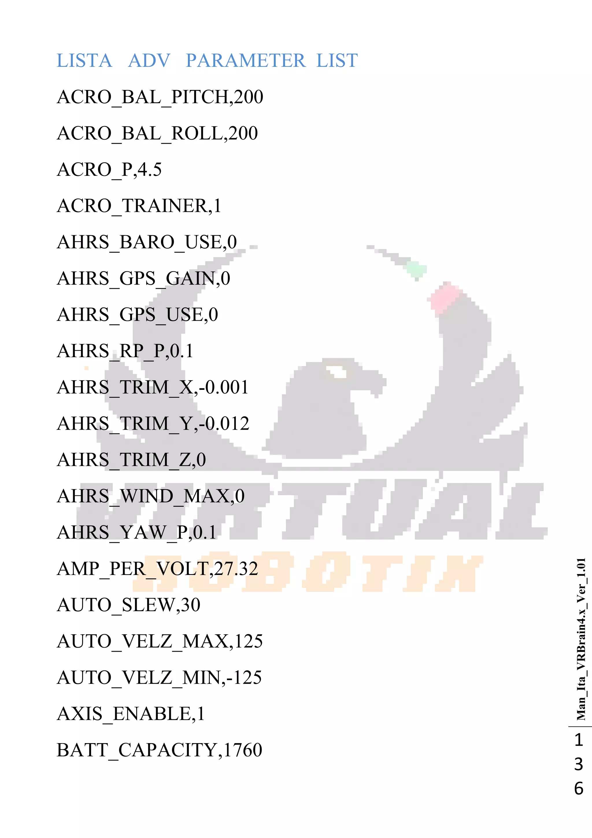 Man_Ita_VRBrain4.x_Ver_1.01
1
3
6
LISTA ADV PARAMETER LIST
ACRO_BAL_PITCH,200
ACRO_BAL_ROLL,200
ACRO_P,4.5
ACRO_TRAINER,1
AHRS_BARO_USE,0
AHRS_GPS_GAIN,0
AHRS_GPS_USE,0
AHRS_RP_P,0.1
AHRS_TRIM_X,-0.001
AHRS_TRIM_Y,-0.012
AHRS_TRIM_Z,0
AHRS_WIND_MAX,0
AHRS_YAW_P,0.1
AMP_PER_VOLT,27.32
AUTO_SLEW,30
AUTO_VELZ_MAX,125
AUTO_VELZ_MIN,-125
AXIS_ENABLE,1
BATT_CAPACITY,1760
 