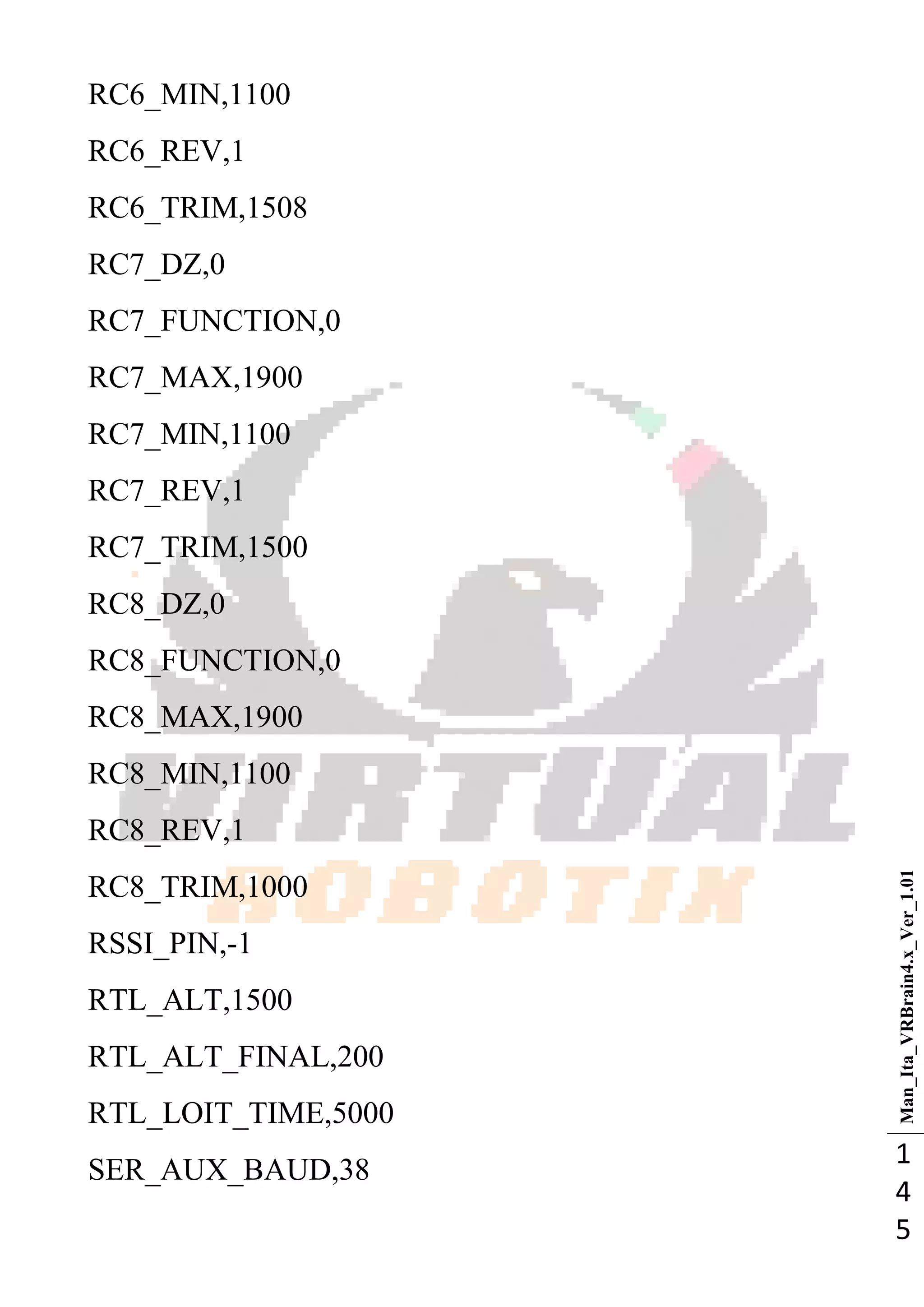 Man_Ita_VRBrain4.x_Ver_1.01
1
4
5
RC6_MIN,1100
RC6_REV,1
RC6_TRIM,1508
RC7_DZ,0
RC7_FUNCTION,0
RC7_MAX,1900
RC7_MIN,1100
RC7_REV,1
RC7_TRIM,1500
RC8_DZ,0
RC8_FUNCTION,0
RC8_MAX,1900
RC8_MIN,1100
RC8_REV,1
RC8_TRIM,1000
RSSI_PIN,-1
RTL_ALT,1500
RTL_ALT_FINAL,200
RTL_LOIT_TIME,5000
SER_AUX_BAUD,38
 